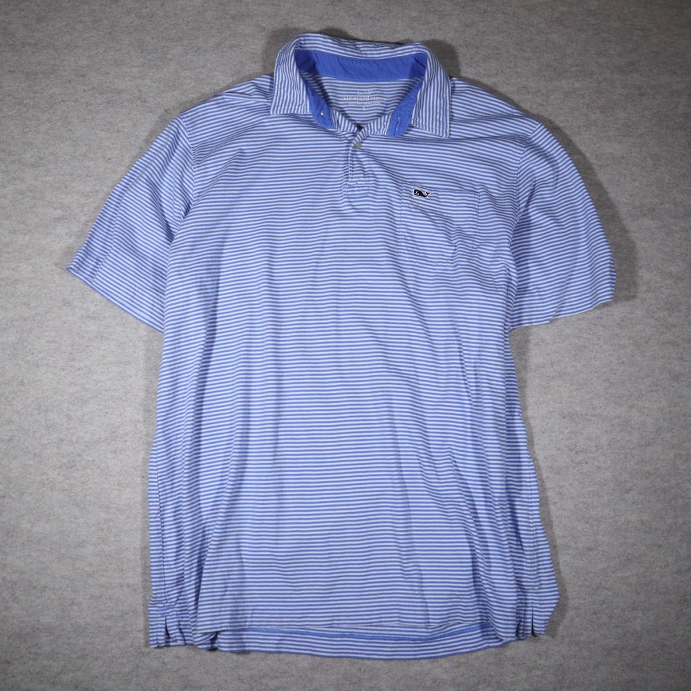 Vineyard Vines Polo Shirt Mens Large Blue White Striped Pima Cotton Preppy Retro